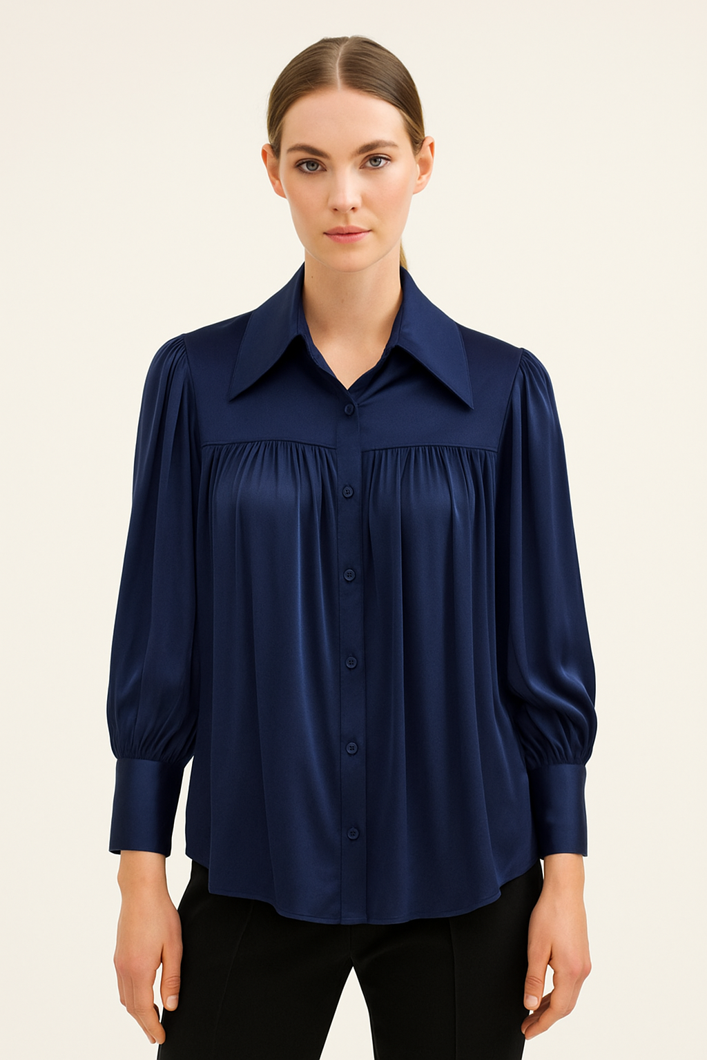 The Hedine Navy Satin Blouse