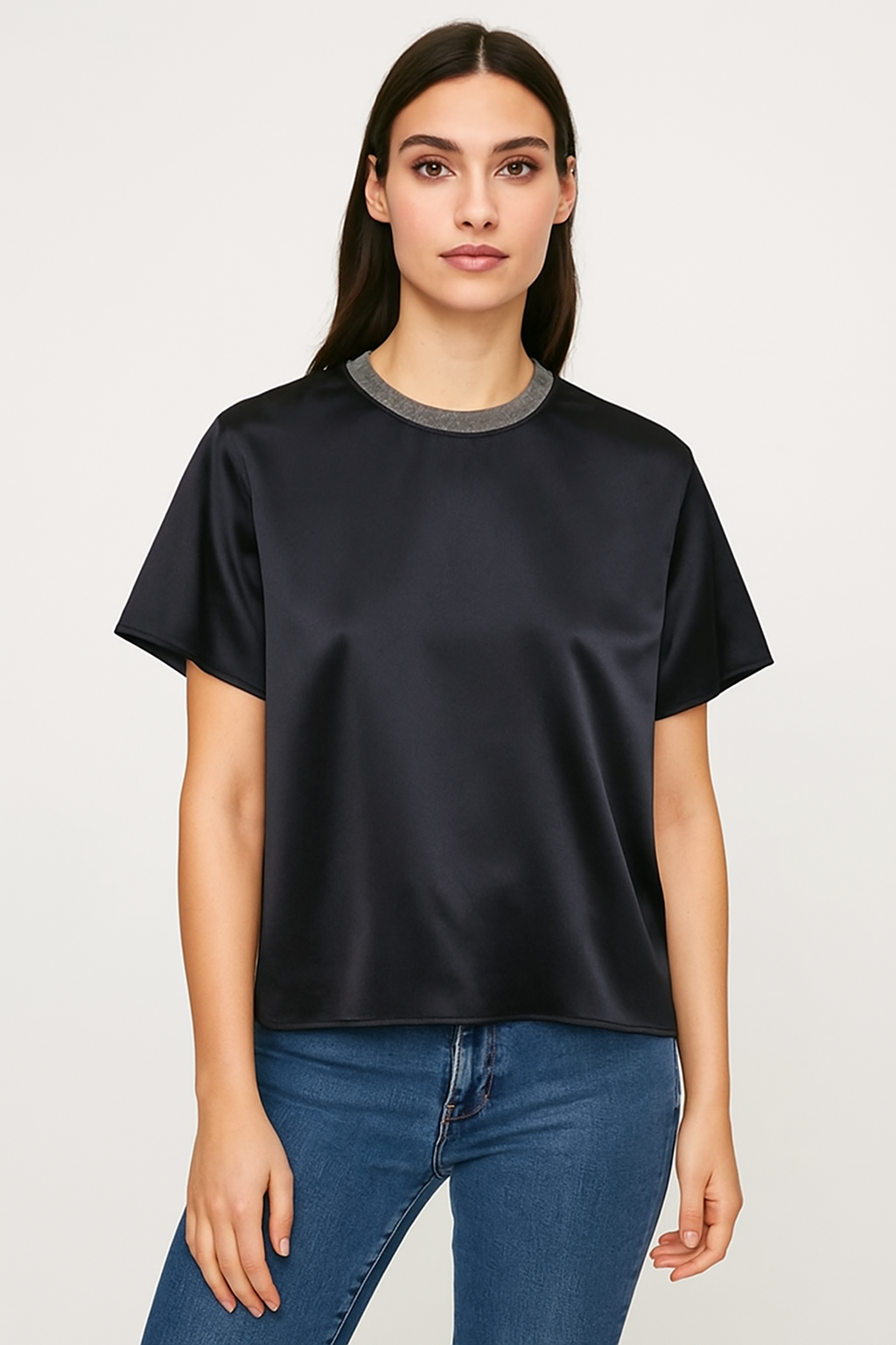 Satin Dark Navy Short Sleeve Top