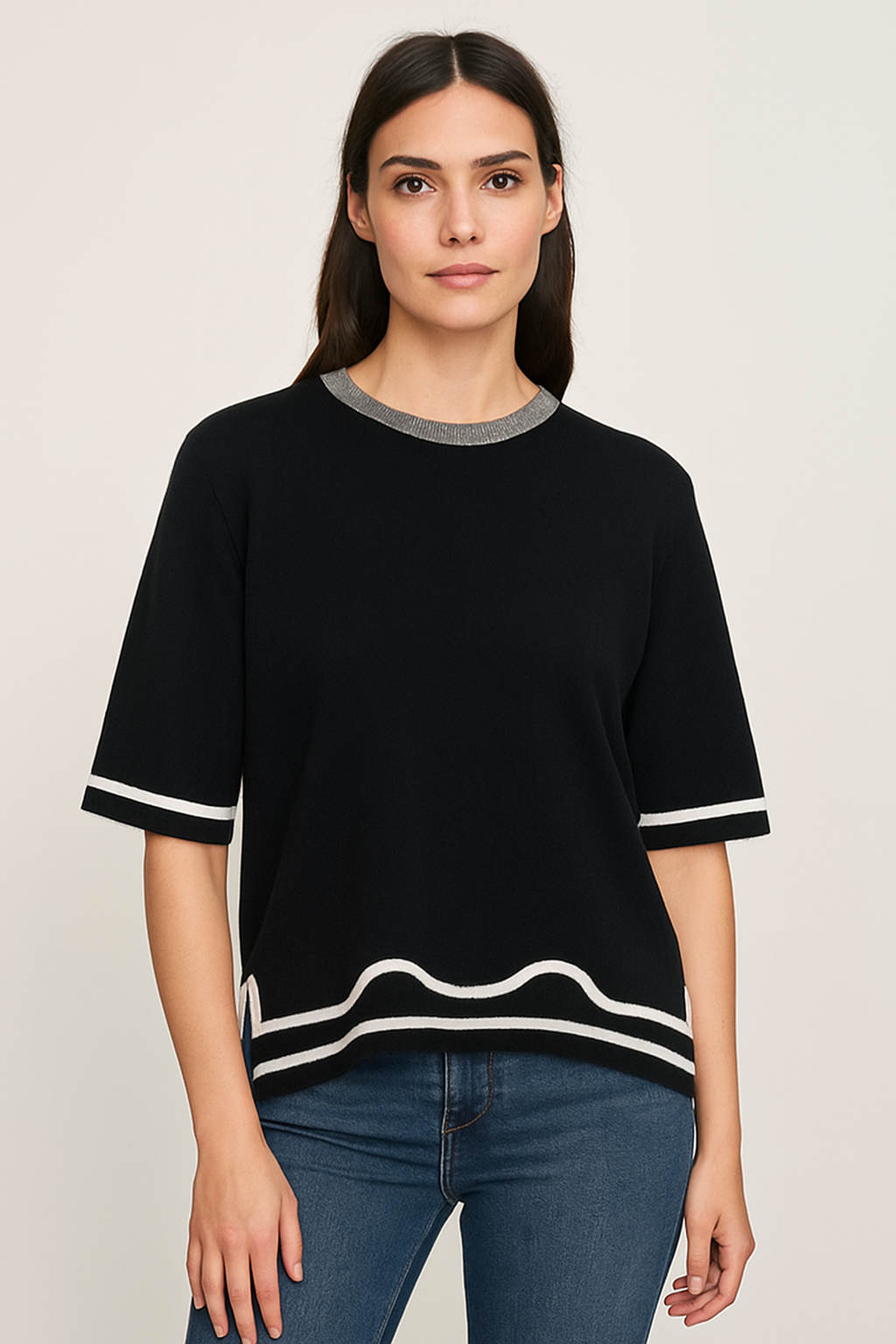 Black And White Trim Wool Blend Floaty Knit