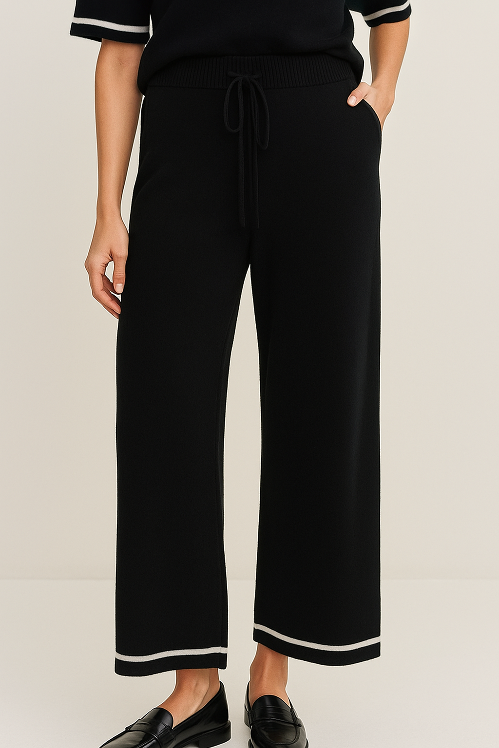 Black White Detail Wool Blend Wide Leg Bottoms