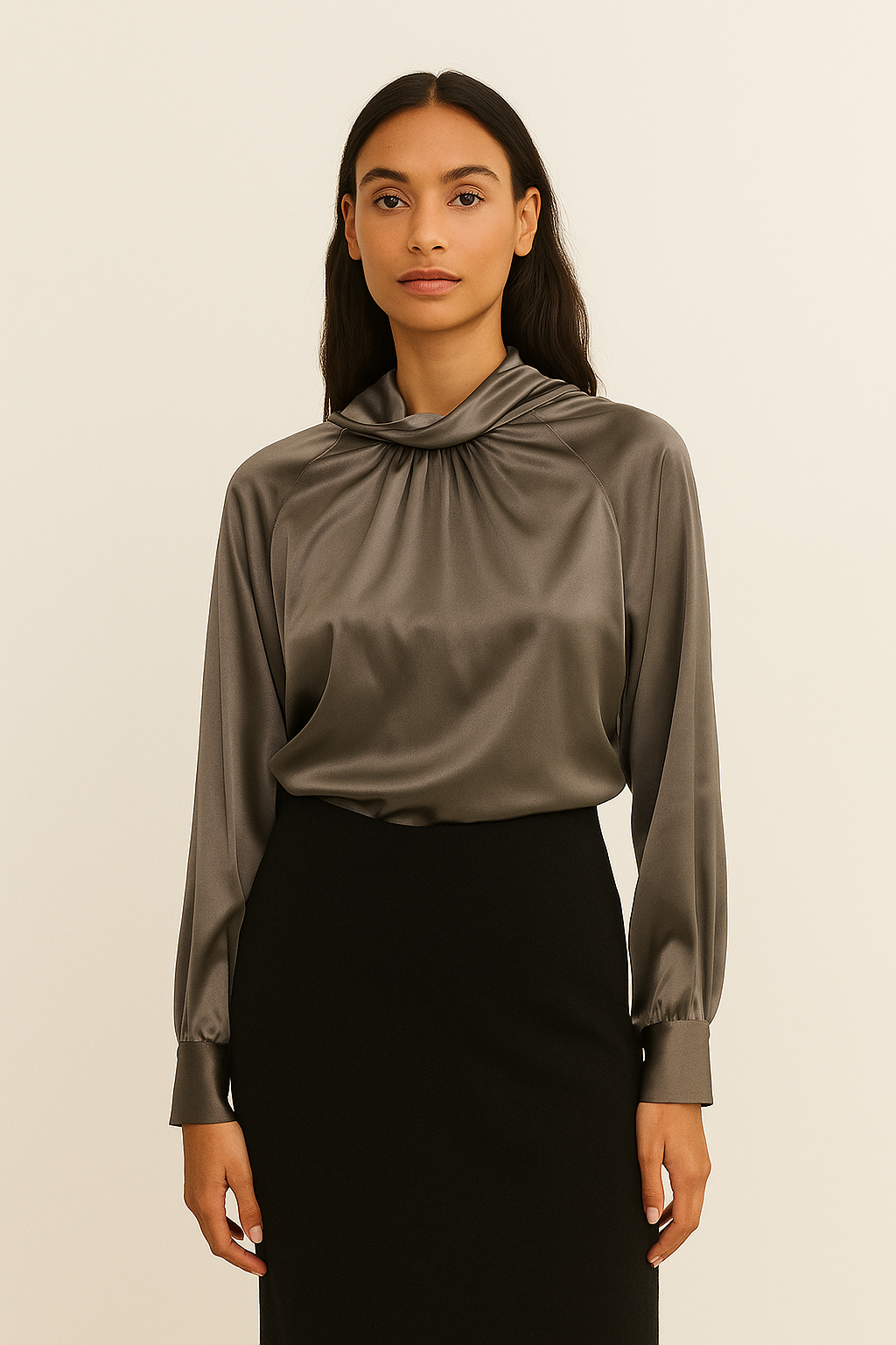 Satin Cowl Neck Dark Taupe Blouse