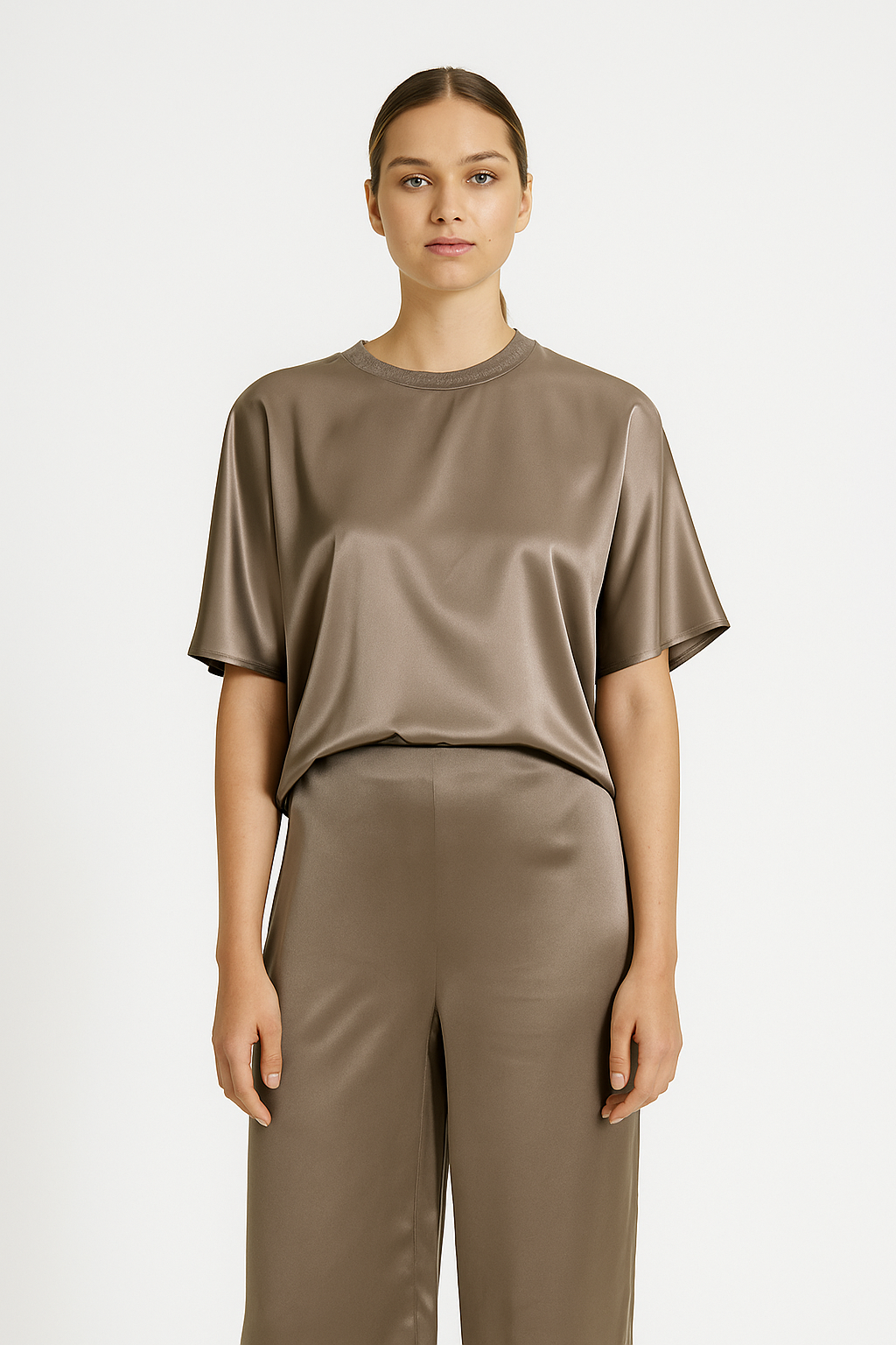 Satin Dark Rose Blush Short Sleeve Top