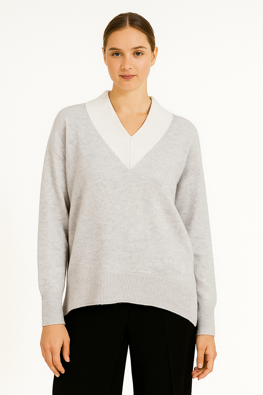 Dove Grey V-Neck Detailed Cashmere Blend Knit