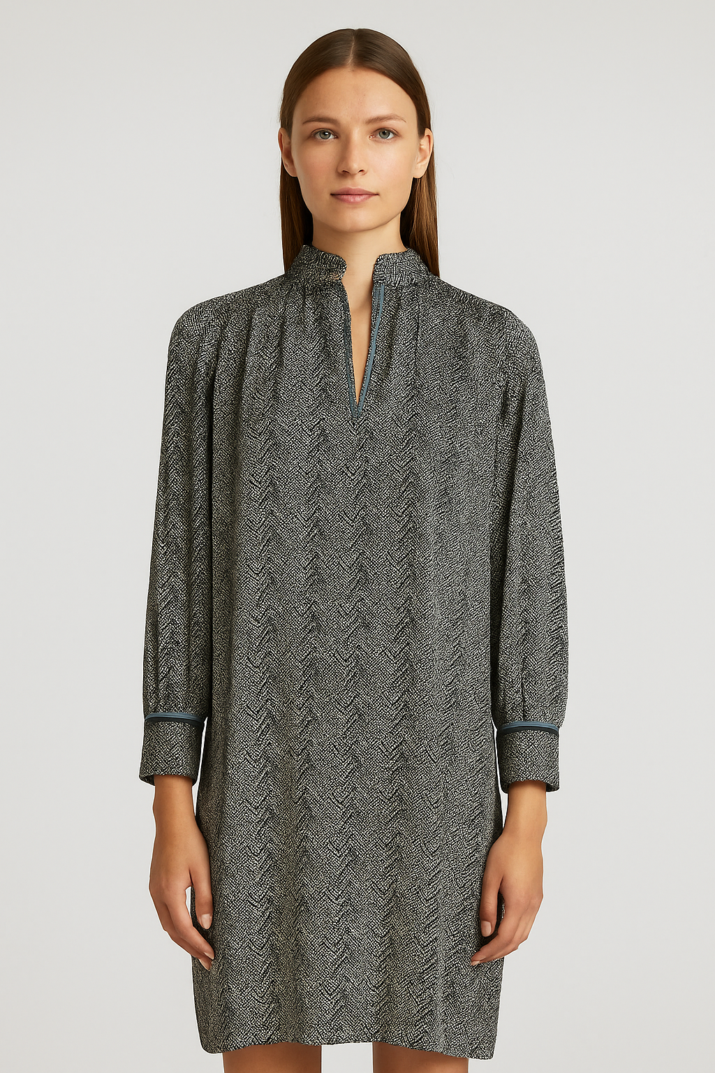 Grey Pattern Knee Length Long Sleeve Dress