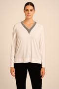White V-Neck Glitter Jersey Long Sleeve
