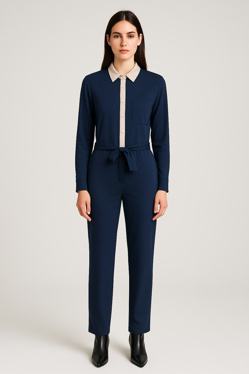 Nude Button Front Navy Wide Leg Jumpsuit