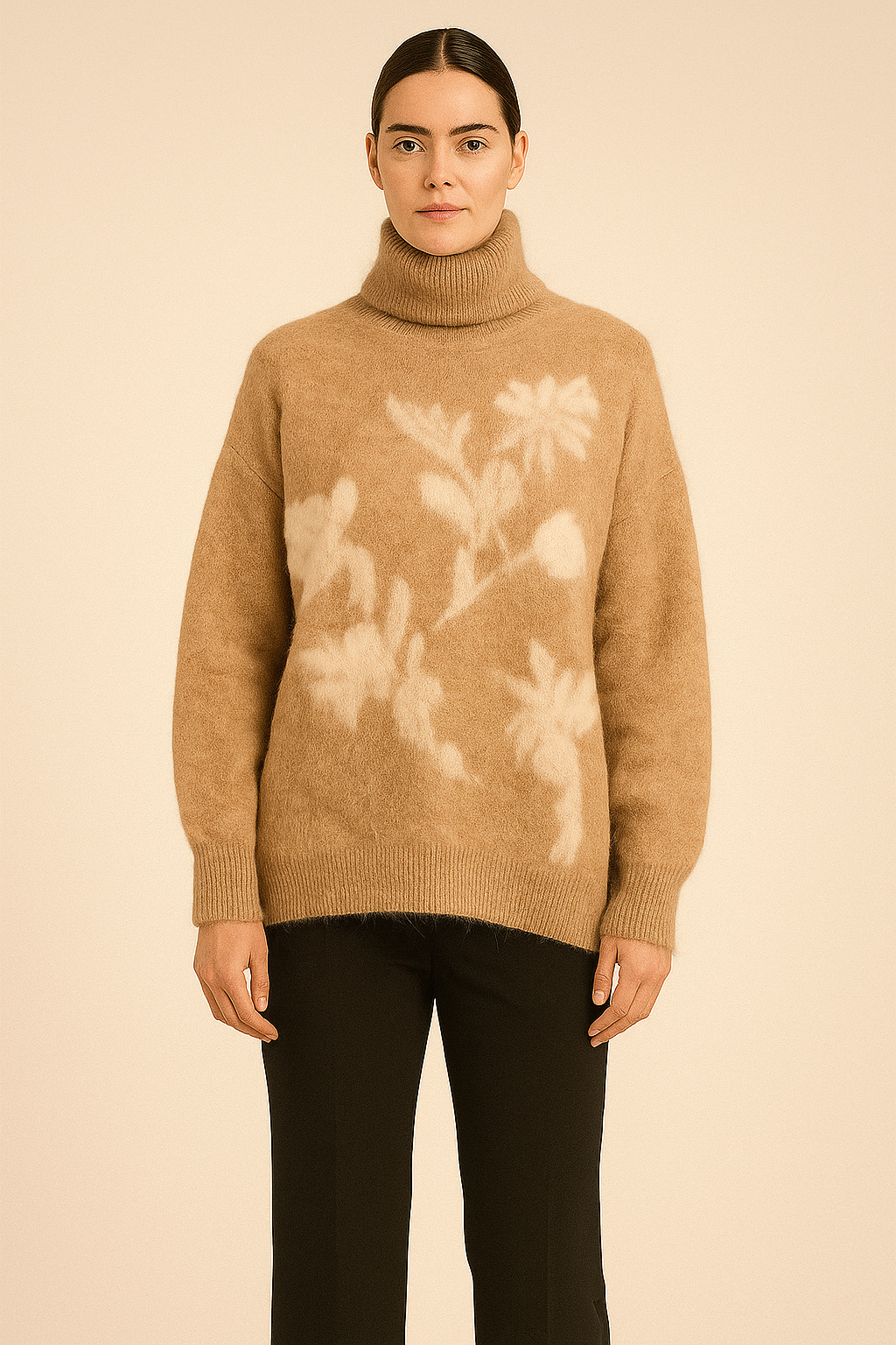 Camel Fluffy Roll-neck Detail Front Knit
