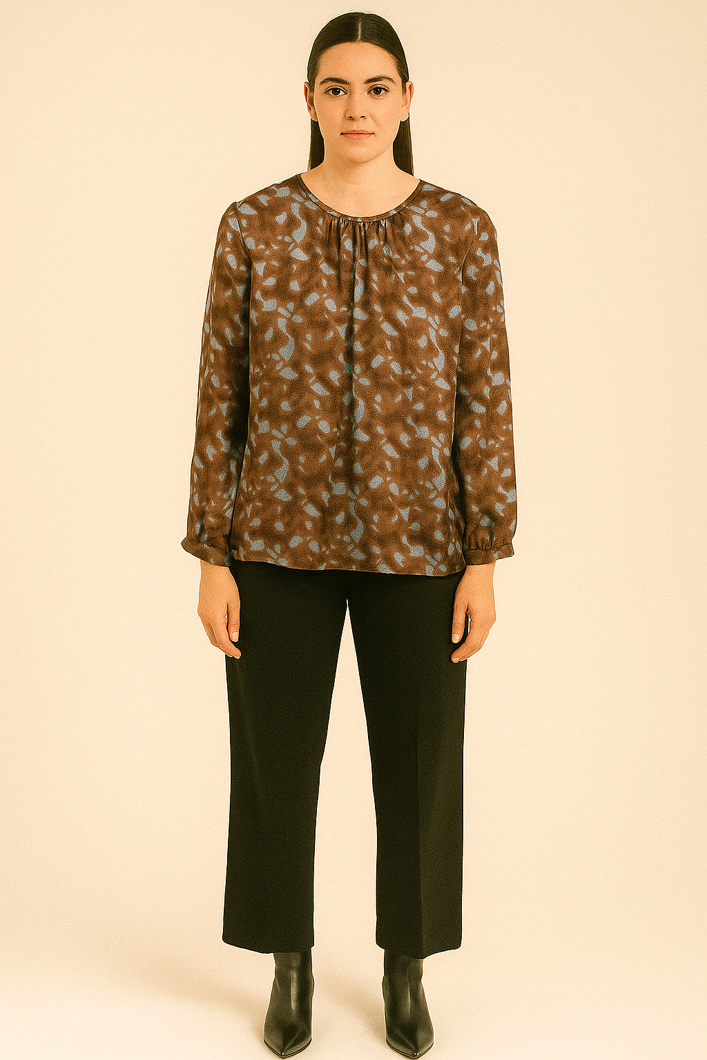 Brown with Blue Pattern Crew Neck Blouse