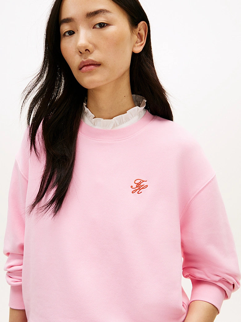 Logo Embroidery Pink Crew Neck Sweatshirt