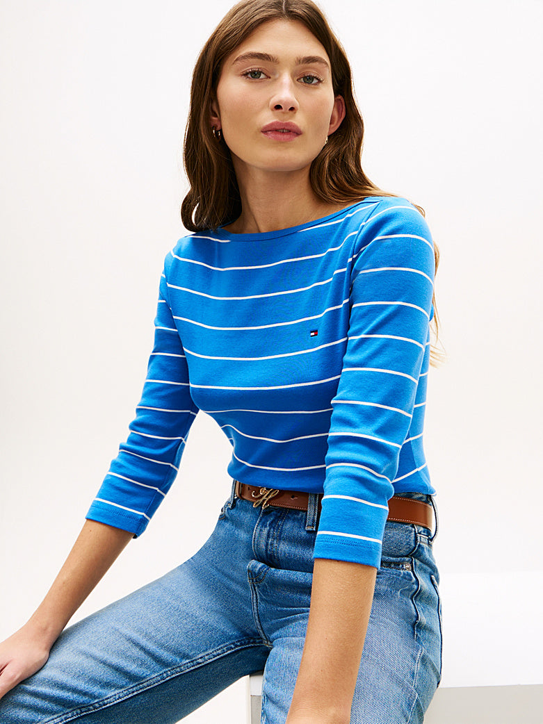 Slim Three-Quarter Sleeve Blue Boat Neck T-Shirt