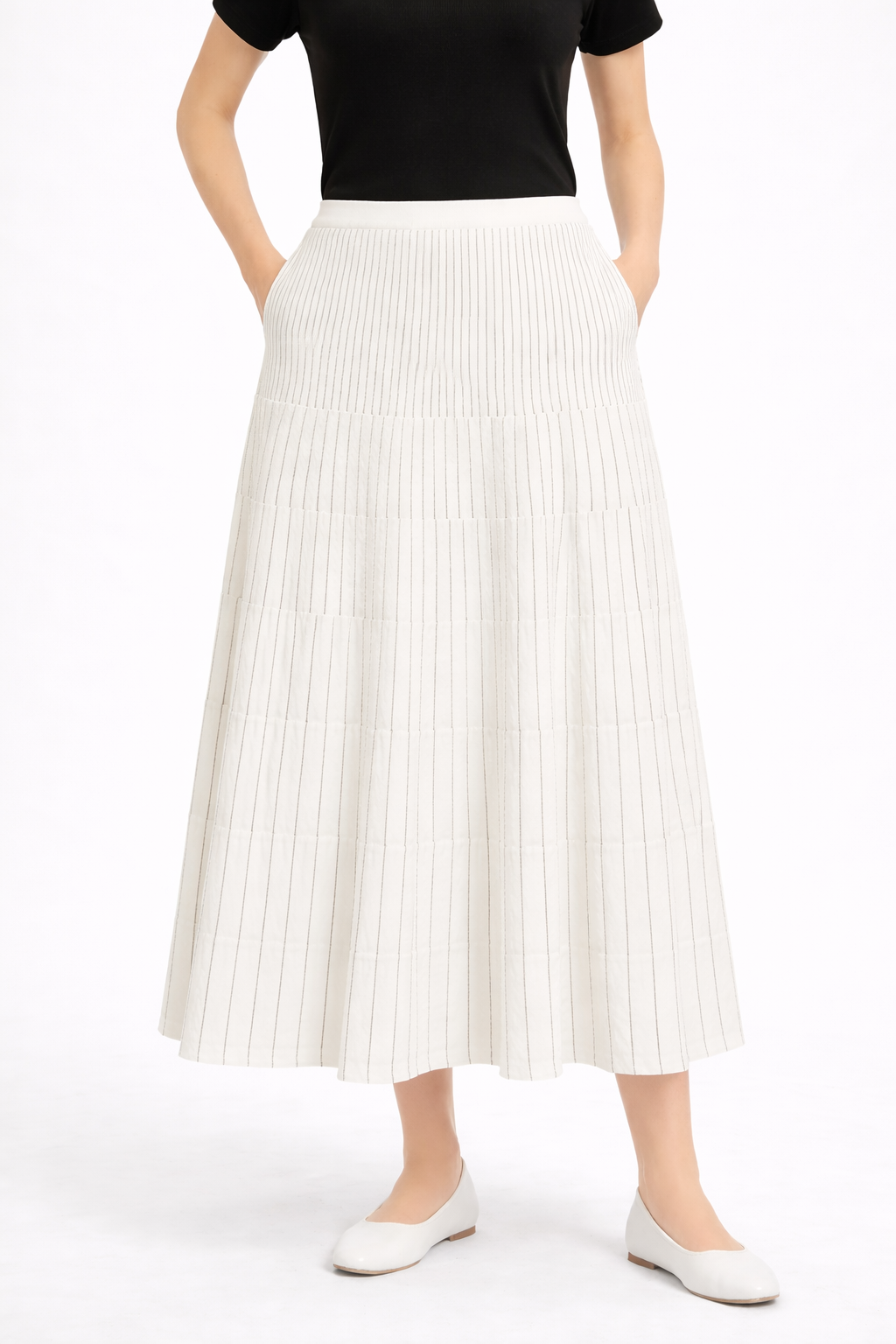 The White Pinstripe Crinkle Midi Skirt