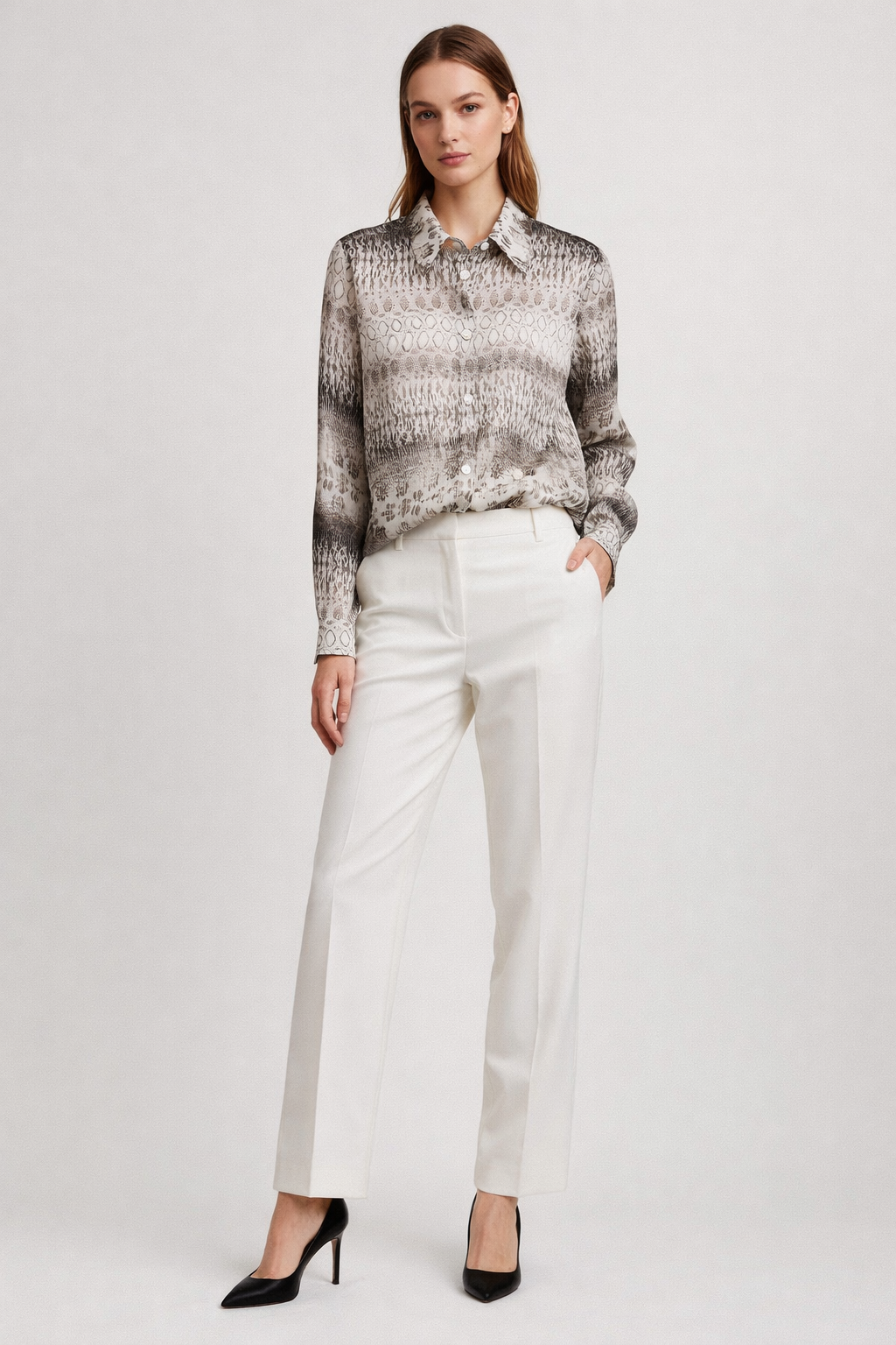 The Python Print Taupe Silk Blouse