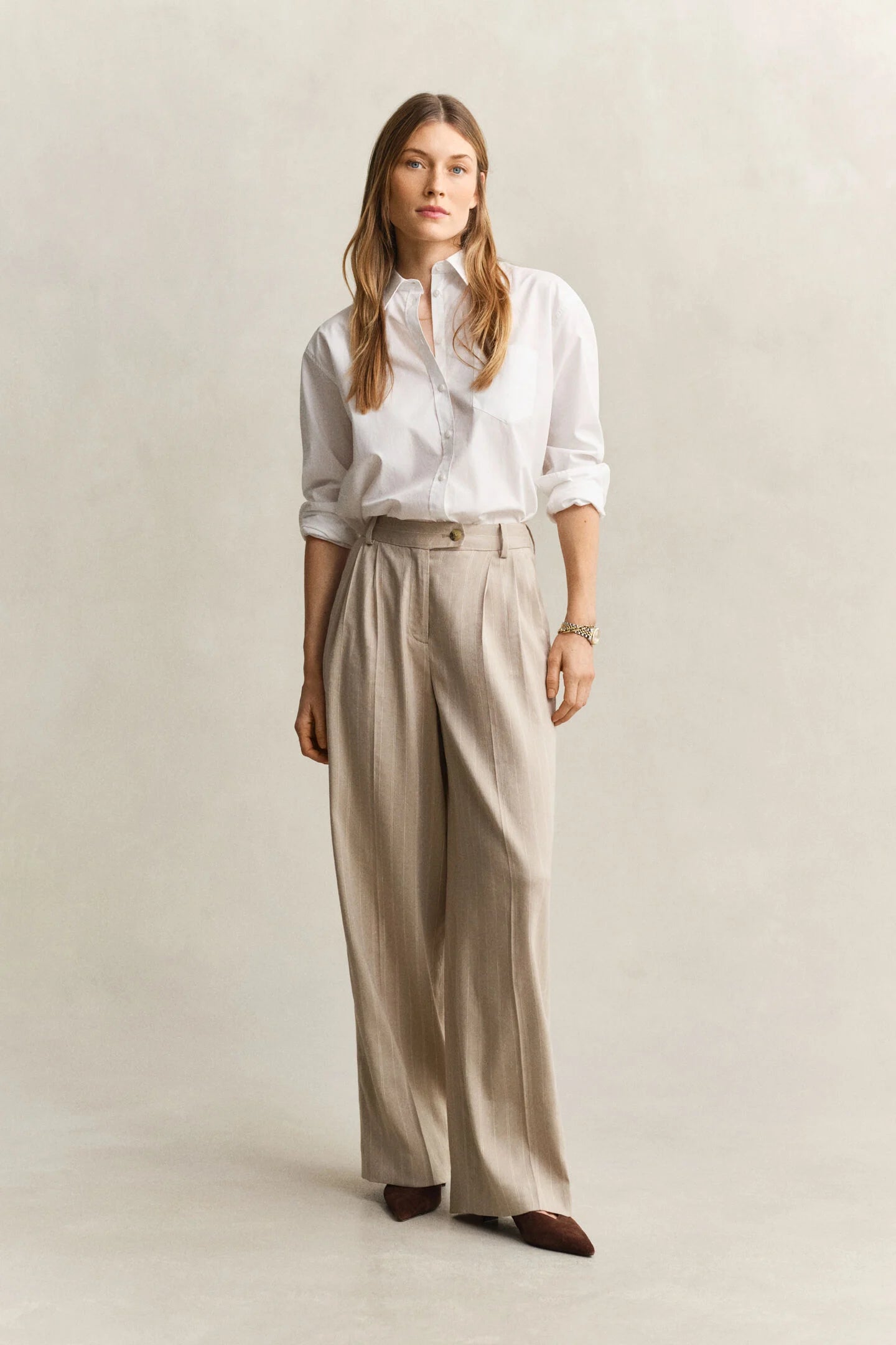 The Beige Linen Pinstripe Trousers