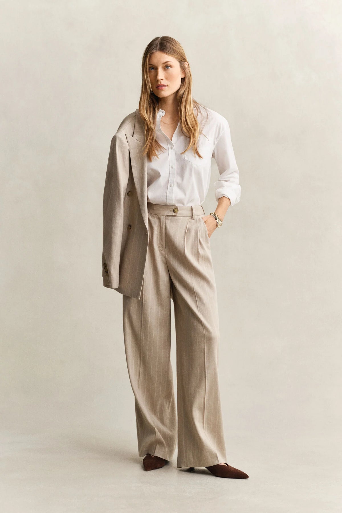 The Beige Linen Pinstripe Trousers