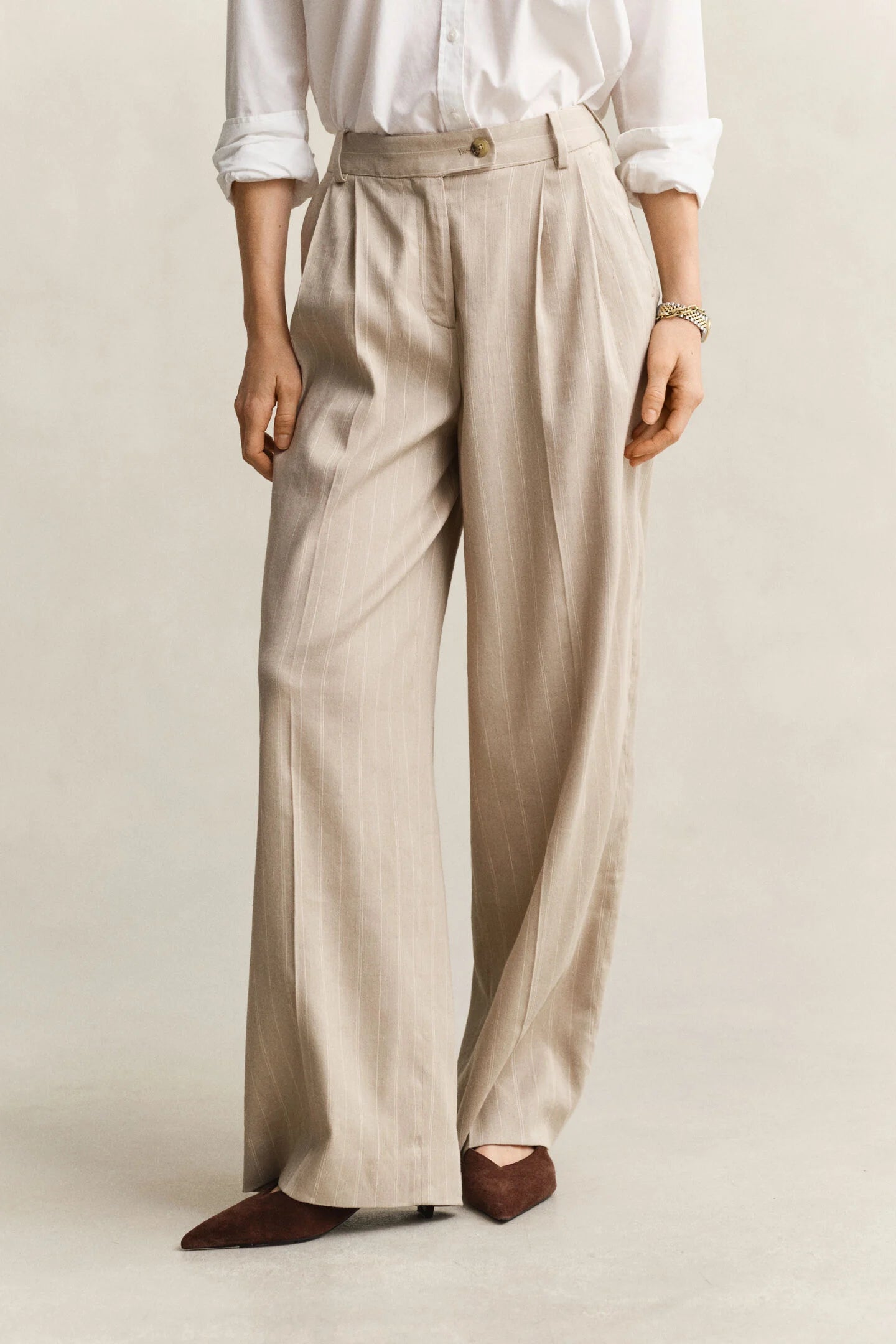 The Beige Linen Pinstripe Trousers