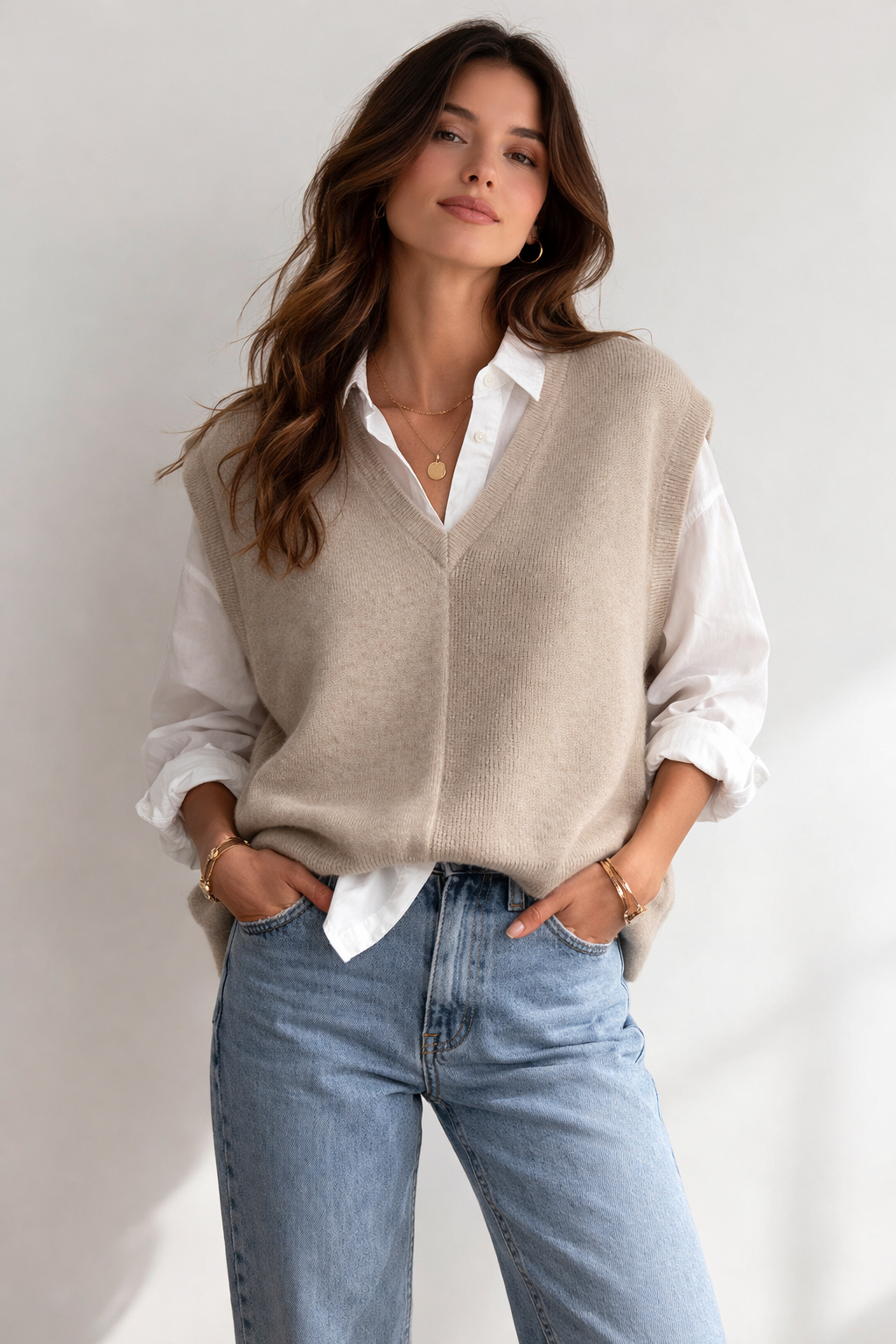 Beige Cashmere Blend Sleeveless Vest