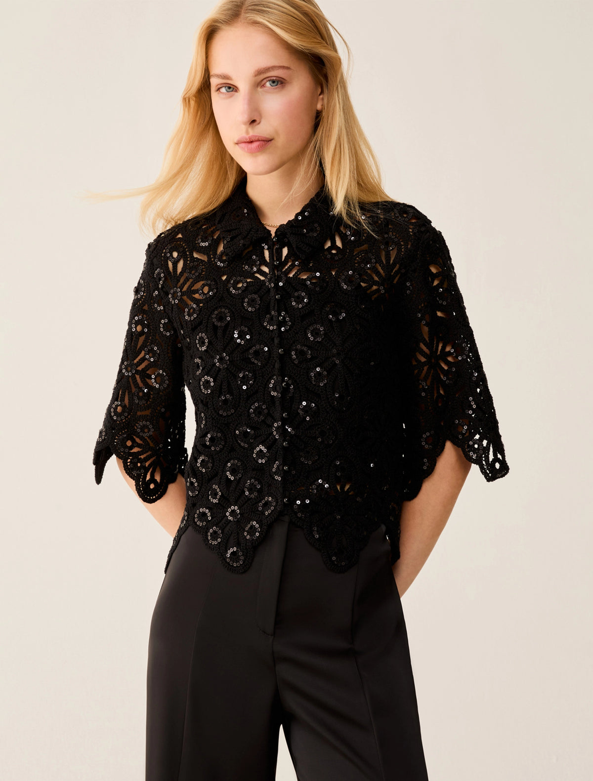 Black Sequin Short Sleeve Crochet Top
