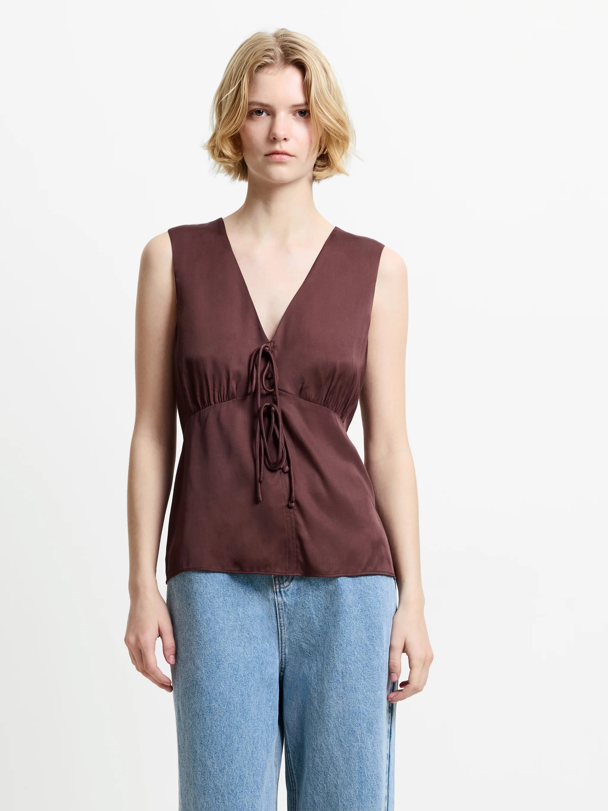 Candice Chocolate Satin Bow Tie-Up Top