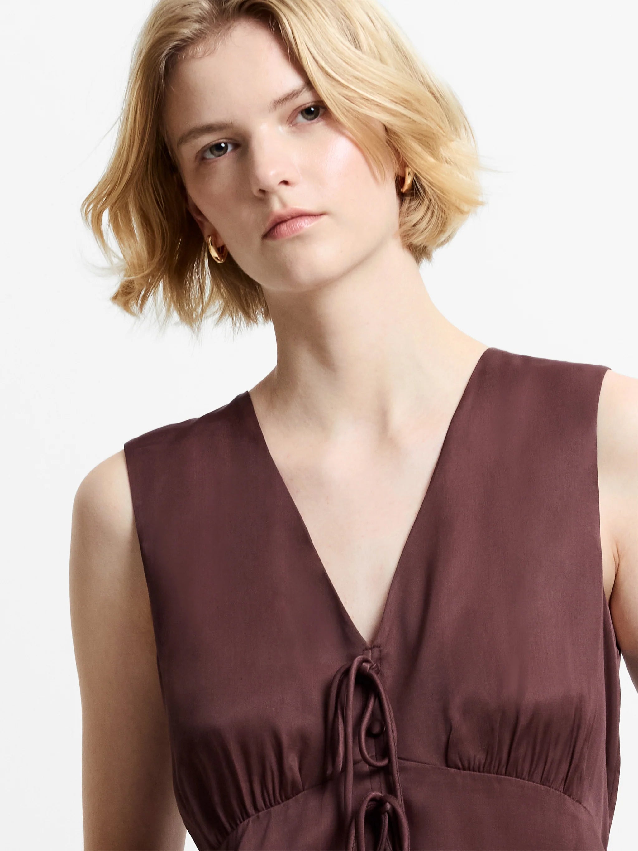 Candice Chocolate Satin Bow Tie-Up Top