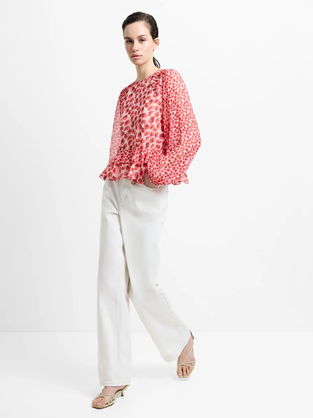 Poppy Semi-Sheer Red Floral Puff Sleeve Peplum Top
