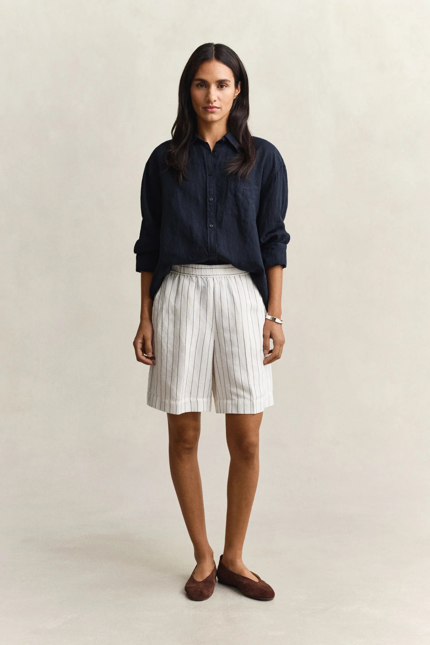 The Linen Blend Stripe Shorts