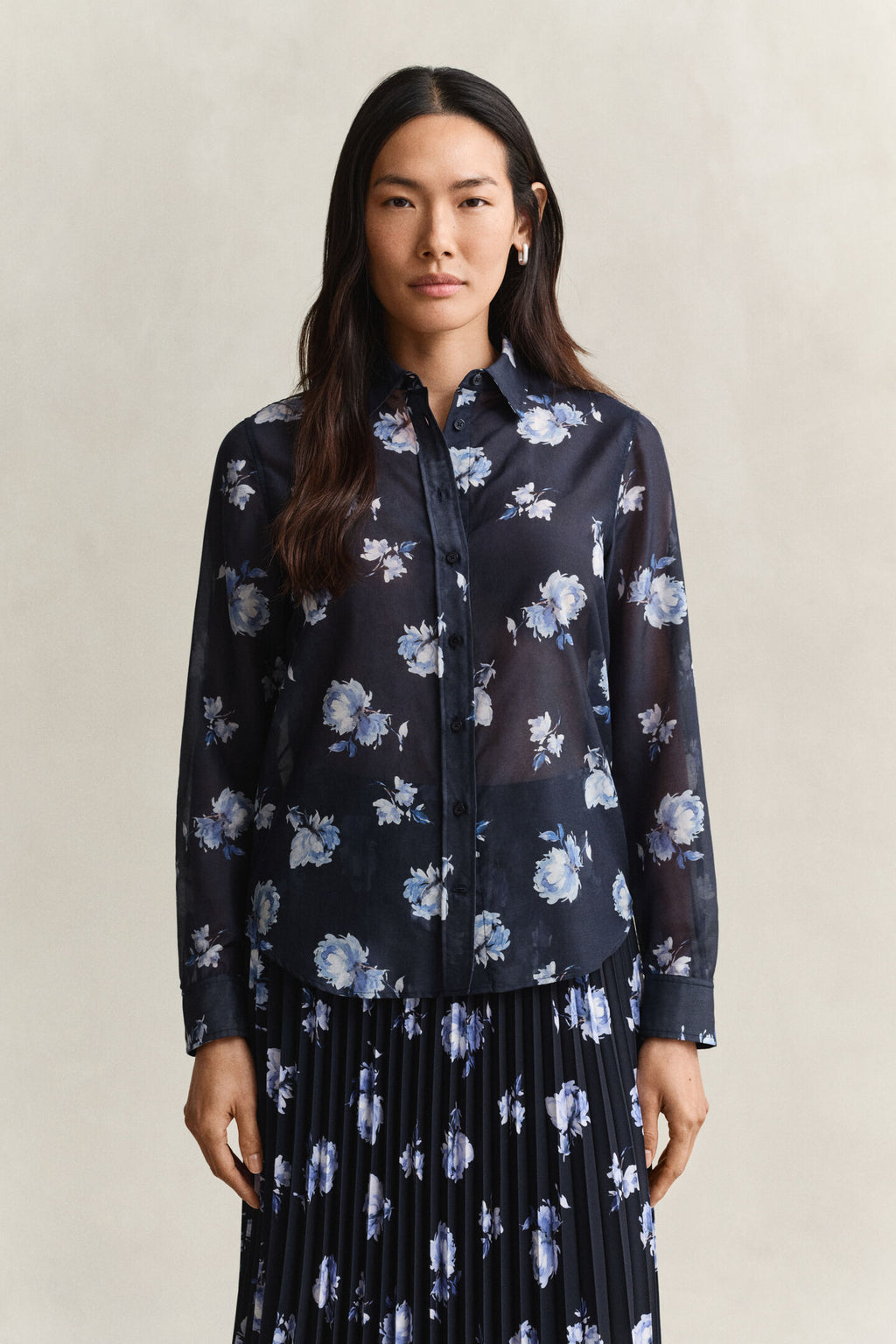 Floral Evening Blue Print Sheer Blouse