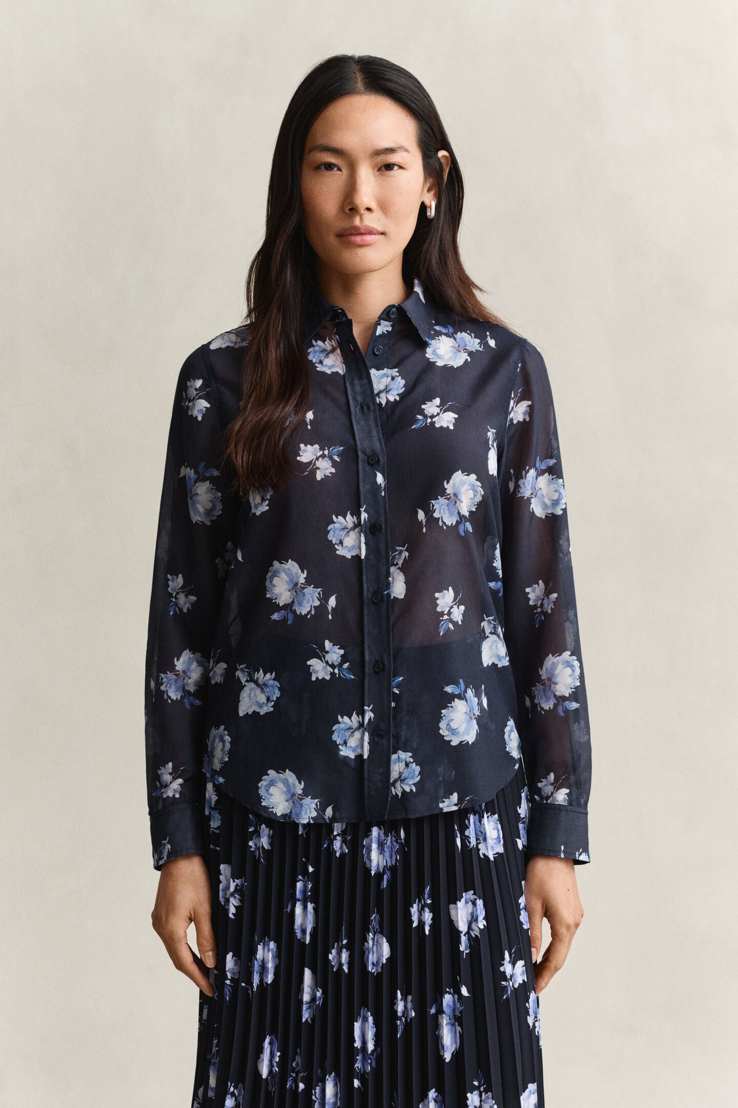 Floral Evening Blue Print Sheer Blouse