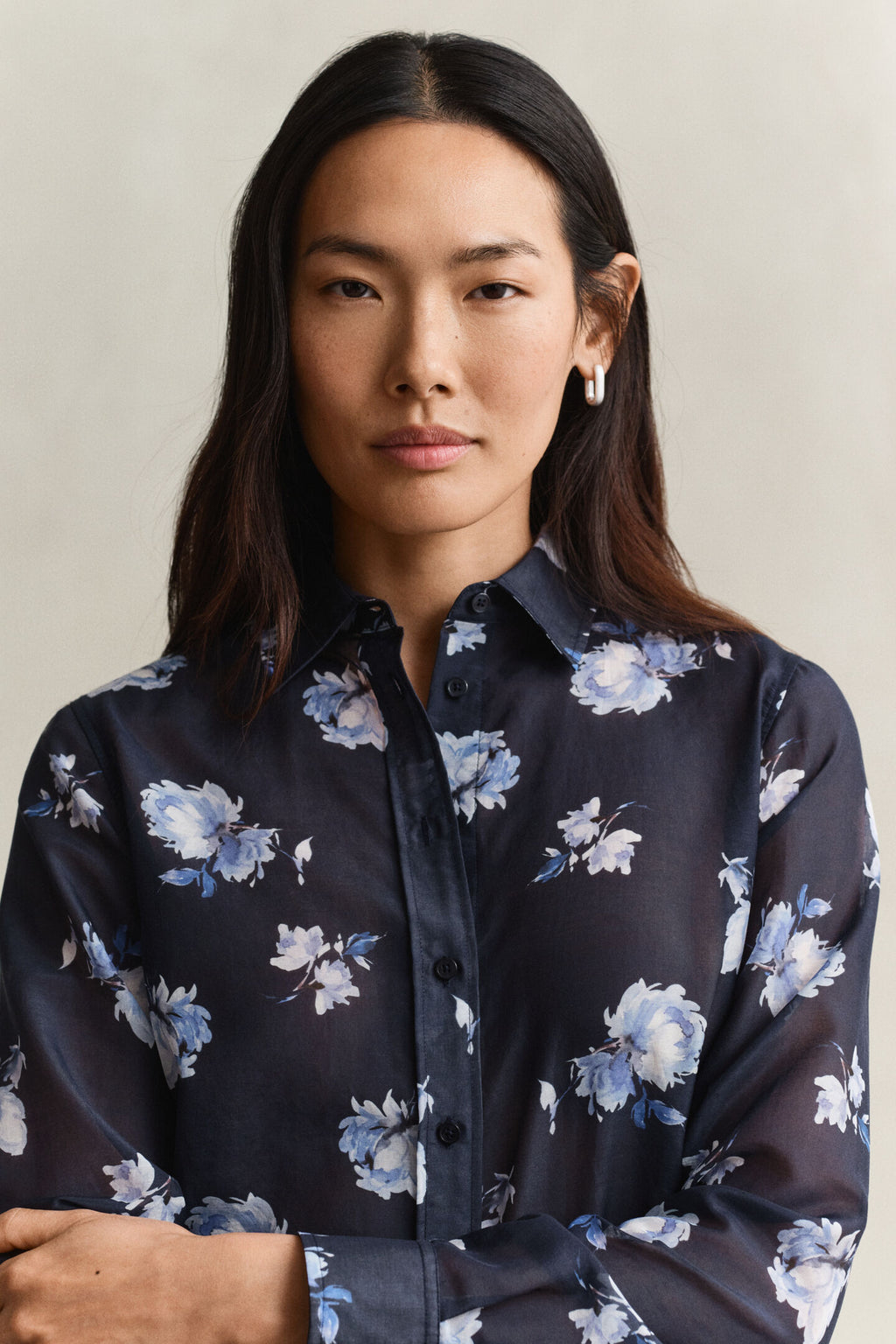 Floral Evening Blue Print Sheer Blouse