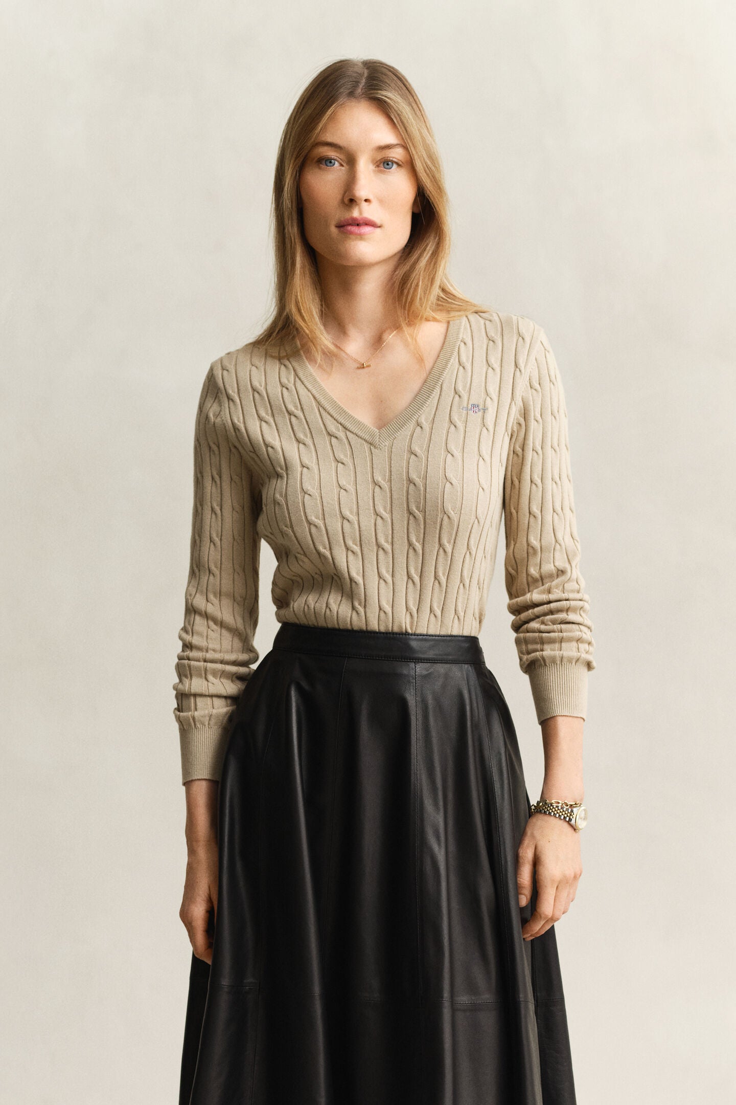 Oat Stretch Cotton Cable Knit V-Neck Sweater