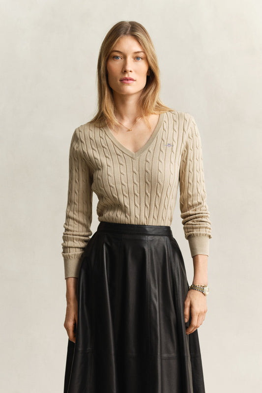 Oat Stretch Cotton Cable Knit V-Neck Sweater