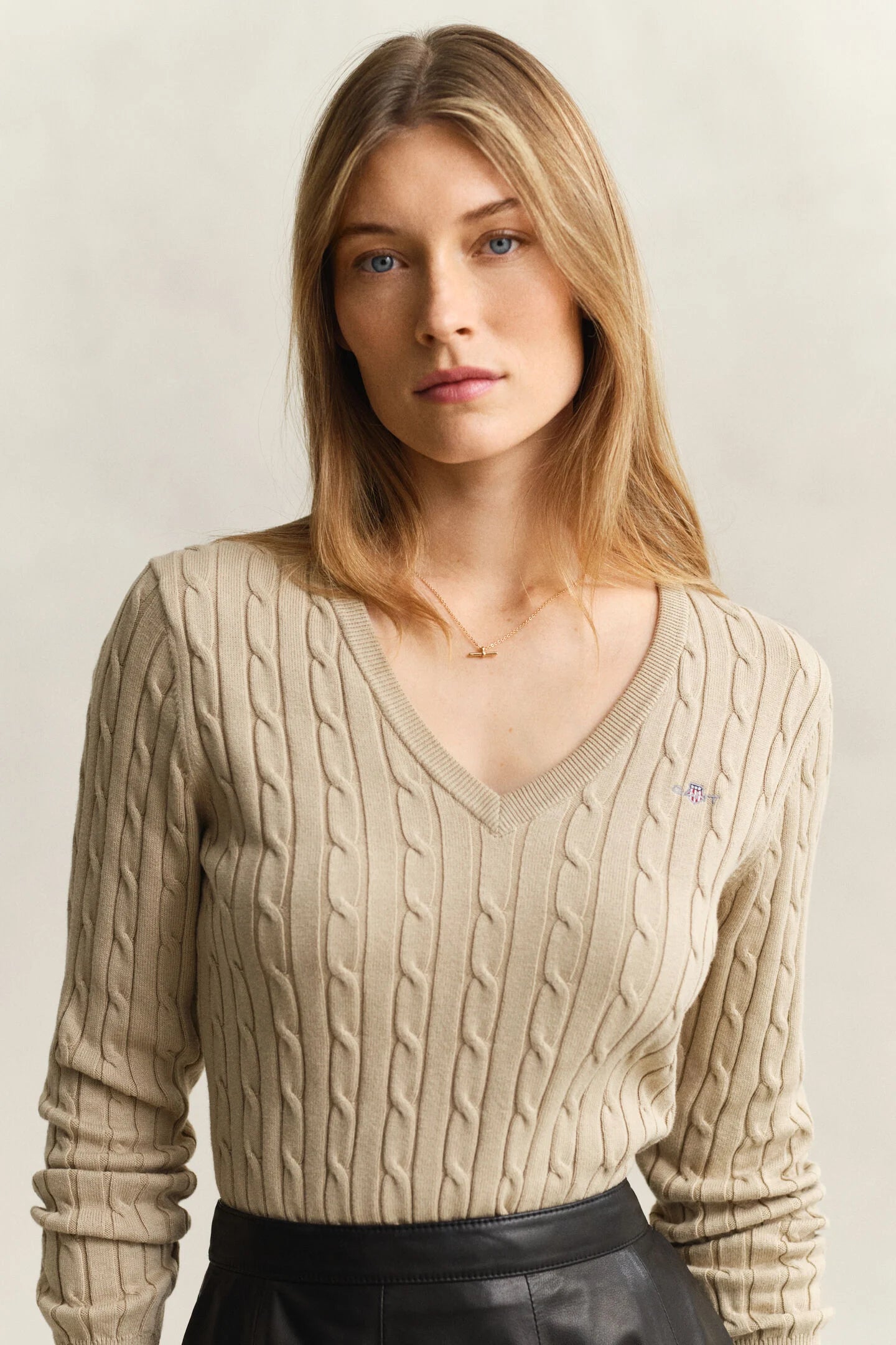 Oat Stretch Cotton Cable Knit V-Neck Sweater