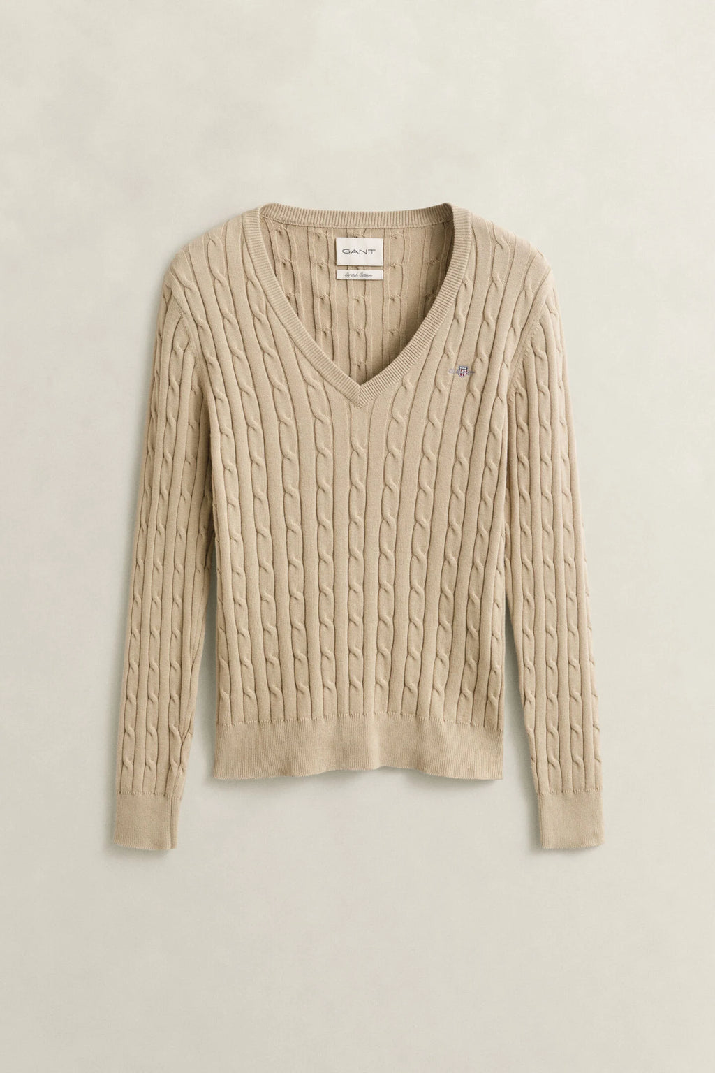 Oat Stretch Cotton Cable Knit V-Neck Sweater