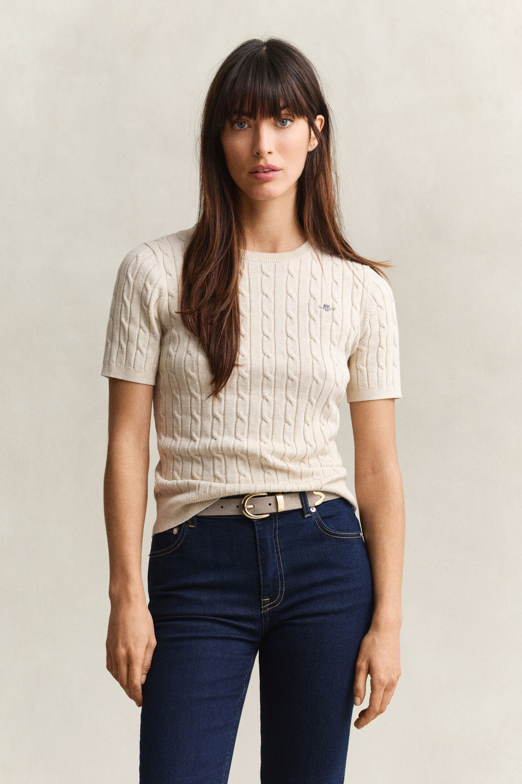Faded Beige Stretch Cotton Cable Knit Short Sleeve Sweater