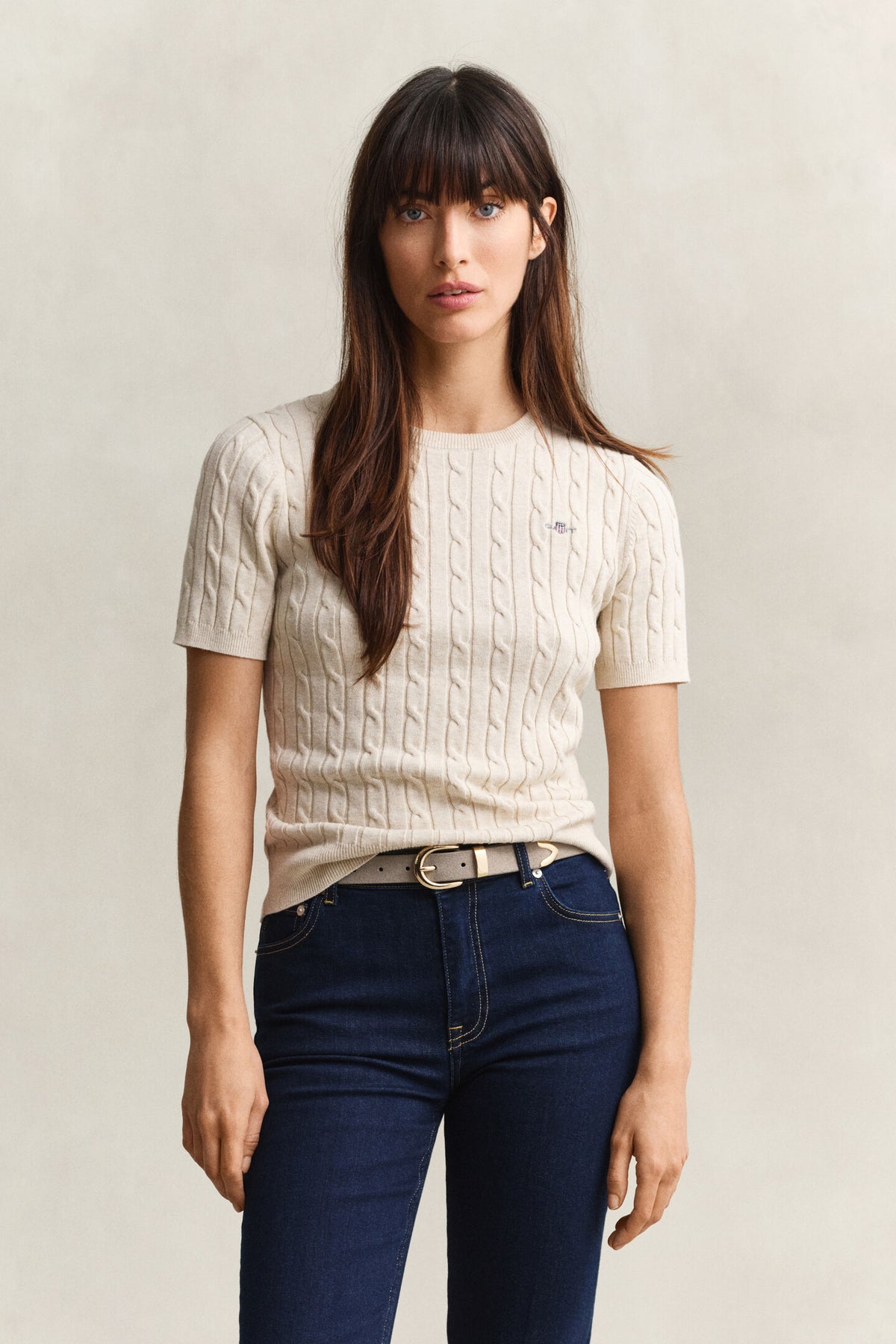 Faded Beige Stretch Cotton Cable Knit Short Sleeve Sweater