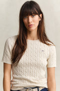 Faded Beige Stretch Cotton Cable Knit Short Sleeve Sweater