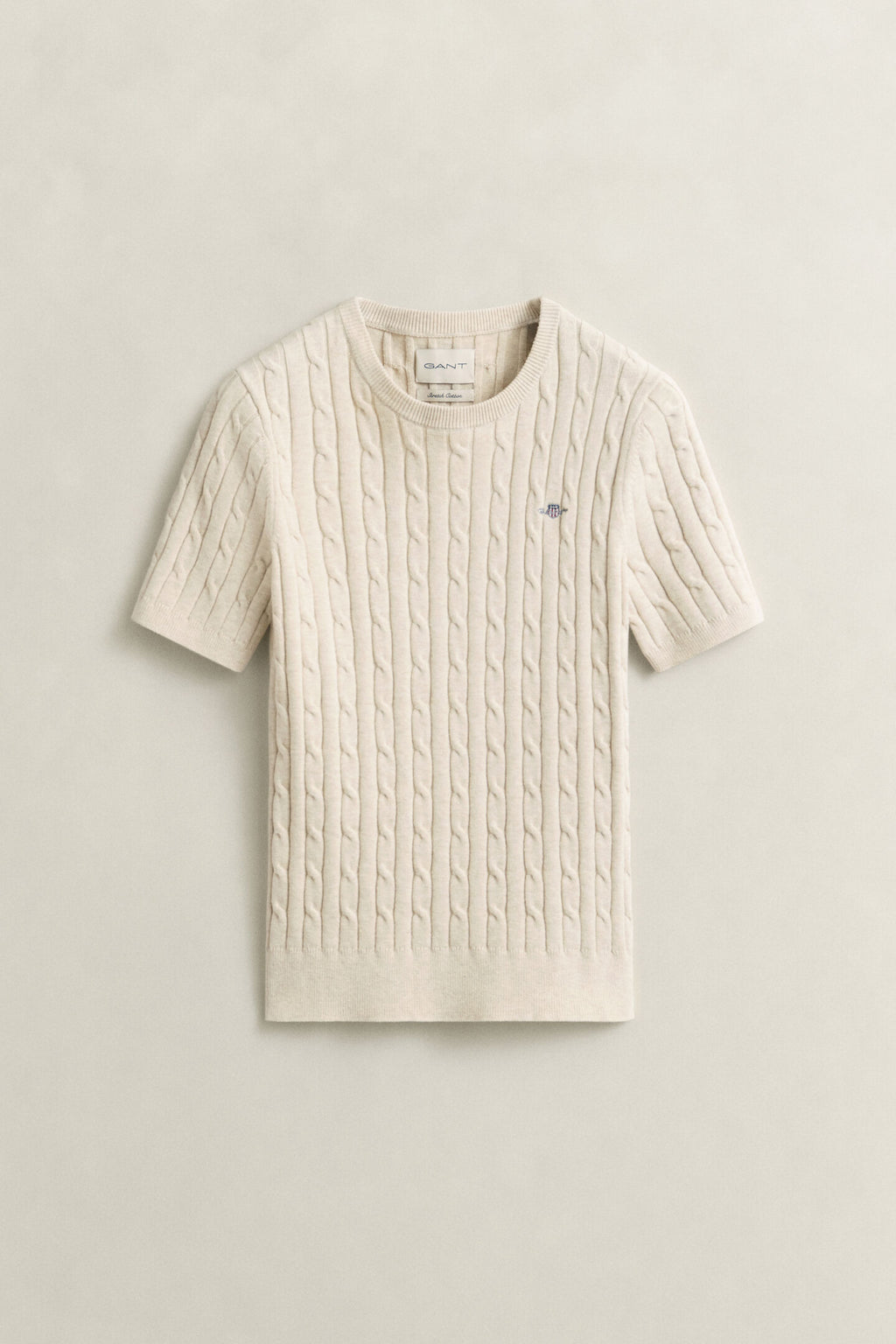 Faded Beige Stretch Cotton Cable Knit Short Sleeve Sweater