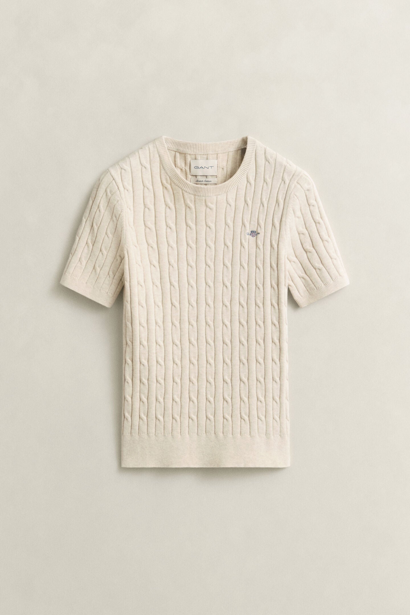 Faded Beige Stretch Cotton Cable Knit Short Sleeve Sweater