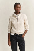 Faded Beige Stretch Cotton Cable Knit Half-Zip Sweater