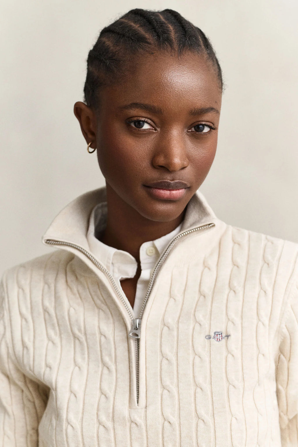 Faded Beige Stretch Cotton Cable Knit Half-Zip Sweater