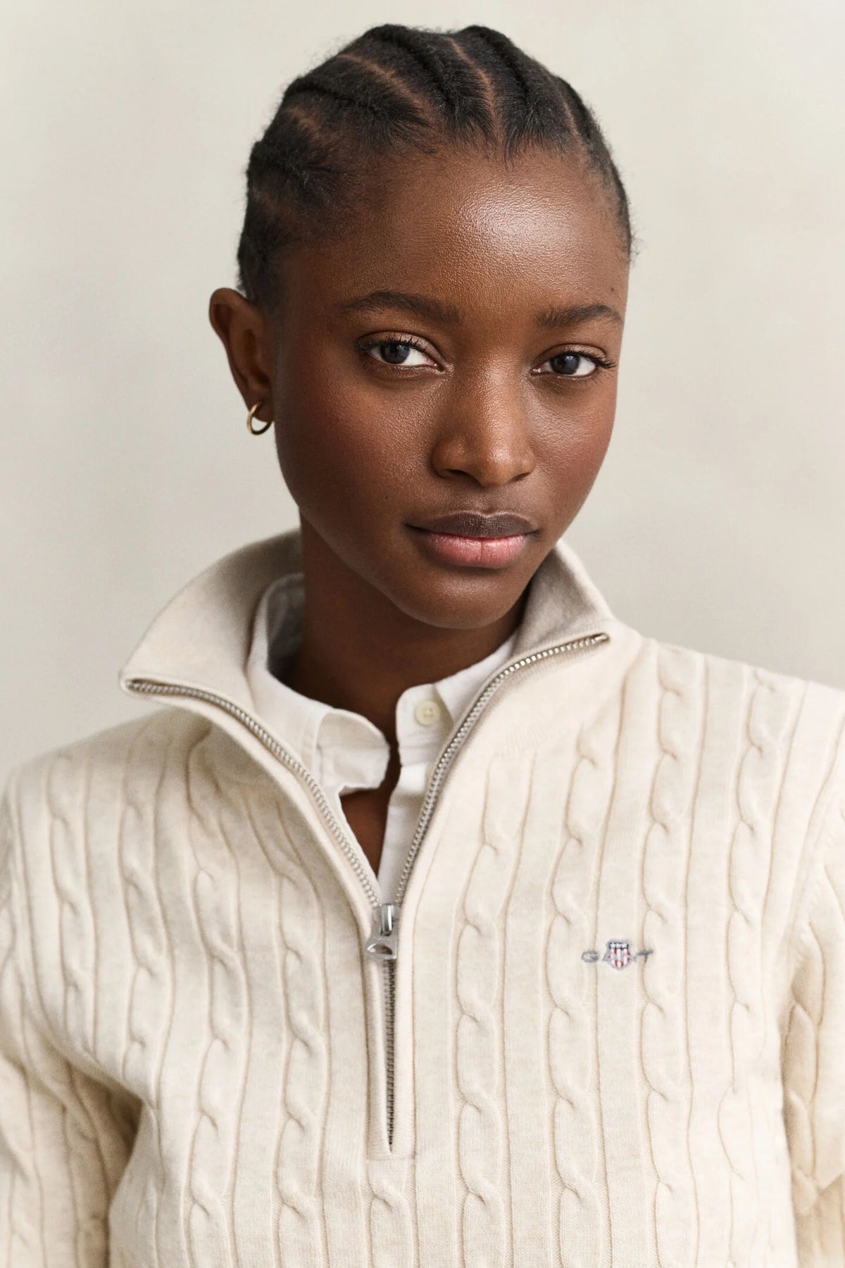Faded Beige Stretch Cotton Cable Knit Half-Zip Sweater