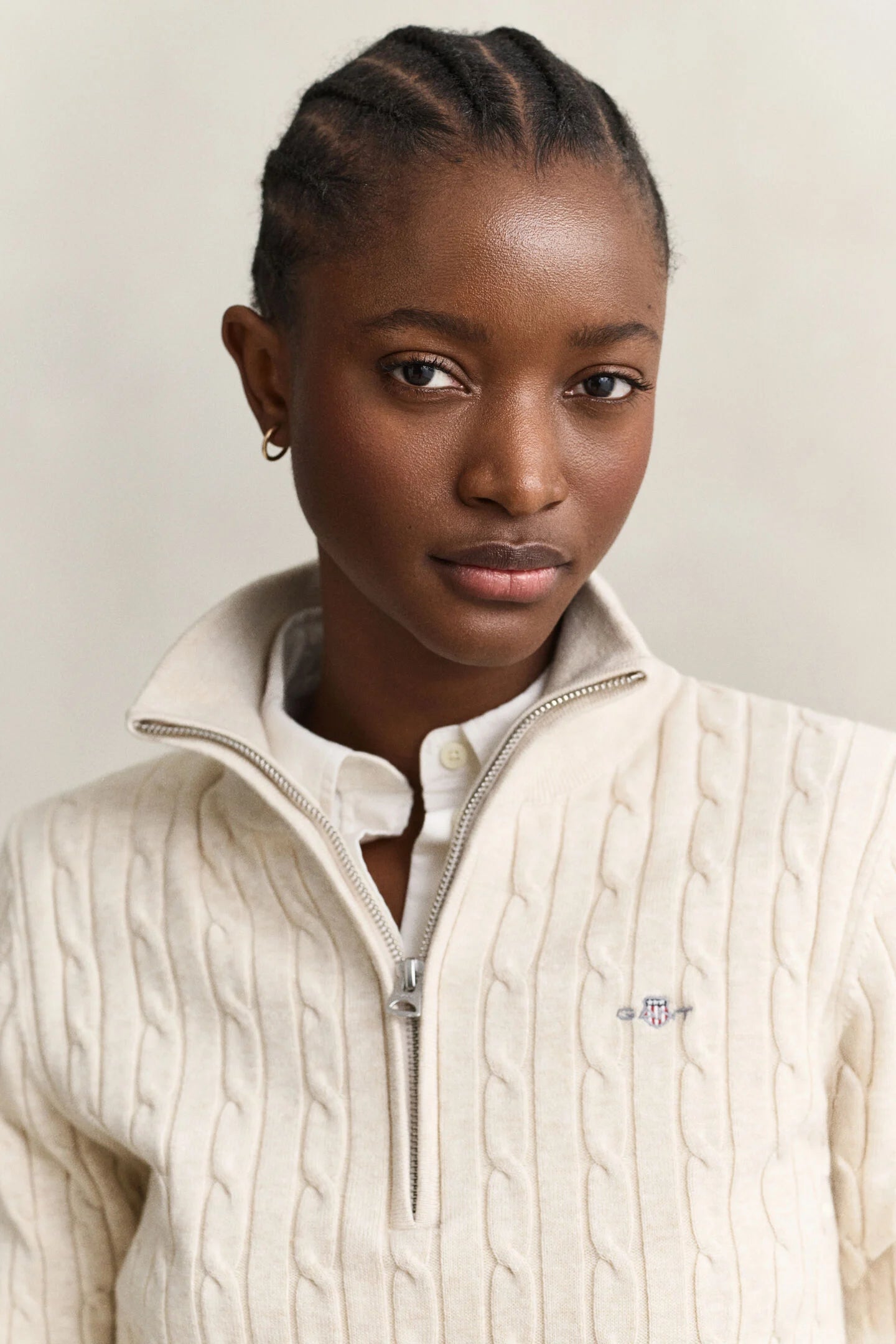Faded Beige Stretch Cotton Cable Knit Half-Zip Sweater