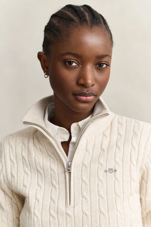 Faded Beige Stretch Cotton Cable Knit Half-Zip Sweater