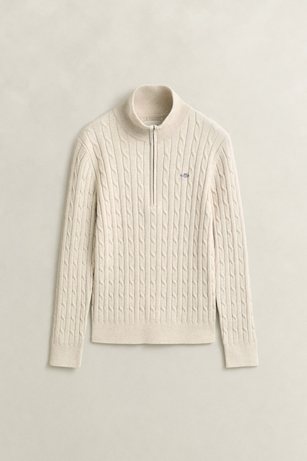 Faded Beige Stretch Cotton Cable Knit Half-Zip Sweater