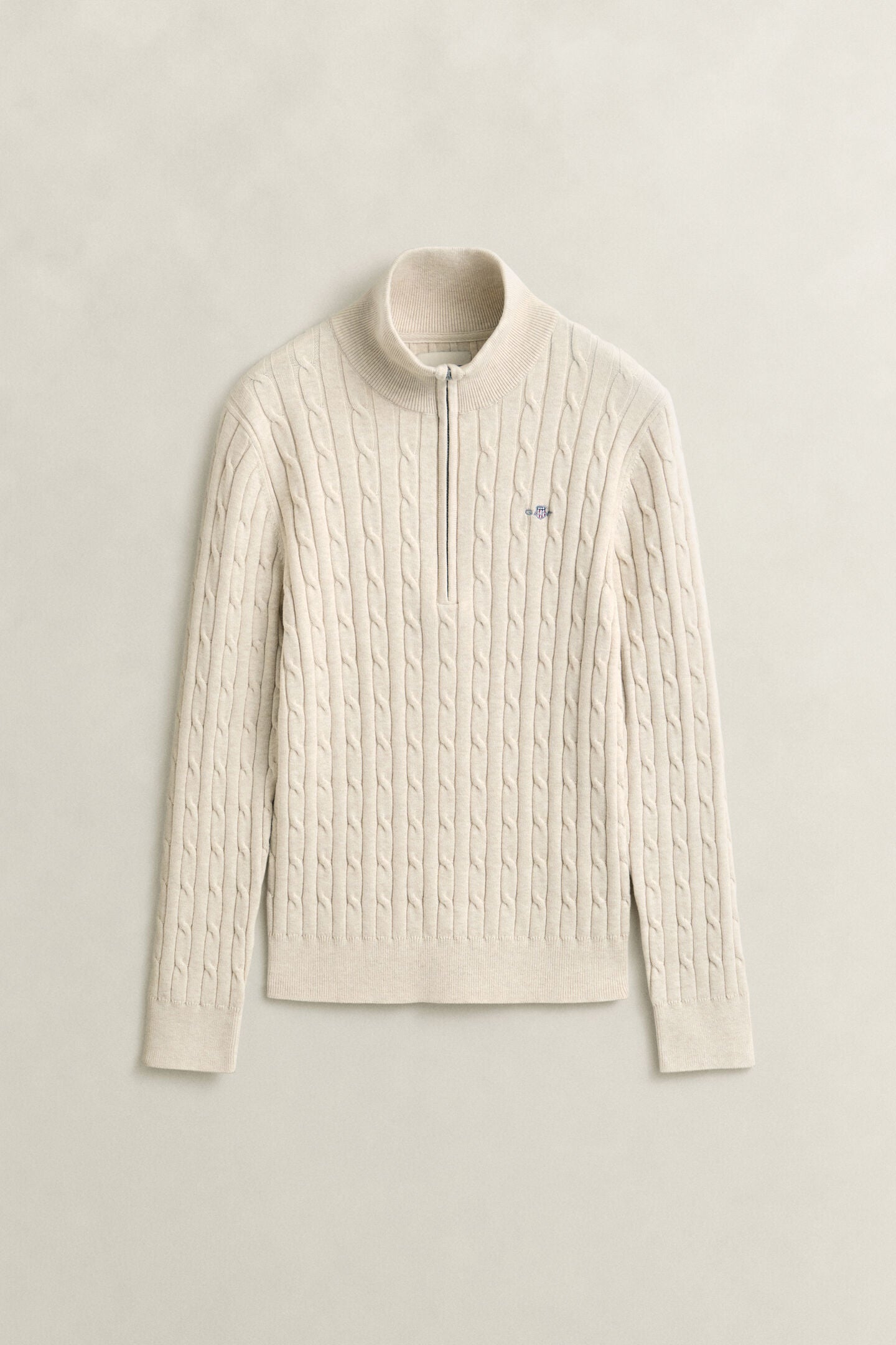 Faded Beige Stretch Cotton Cable Knit Half-Zip Sweater