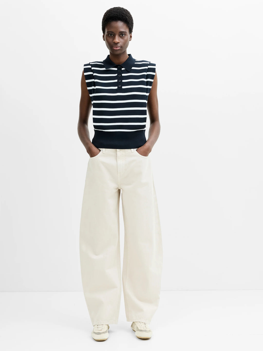 Kea Striped Collared Shoulder Pad Navy Blue Knit Vest