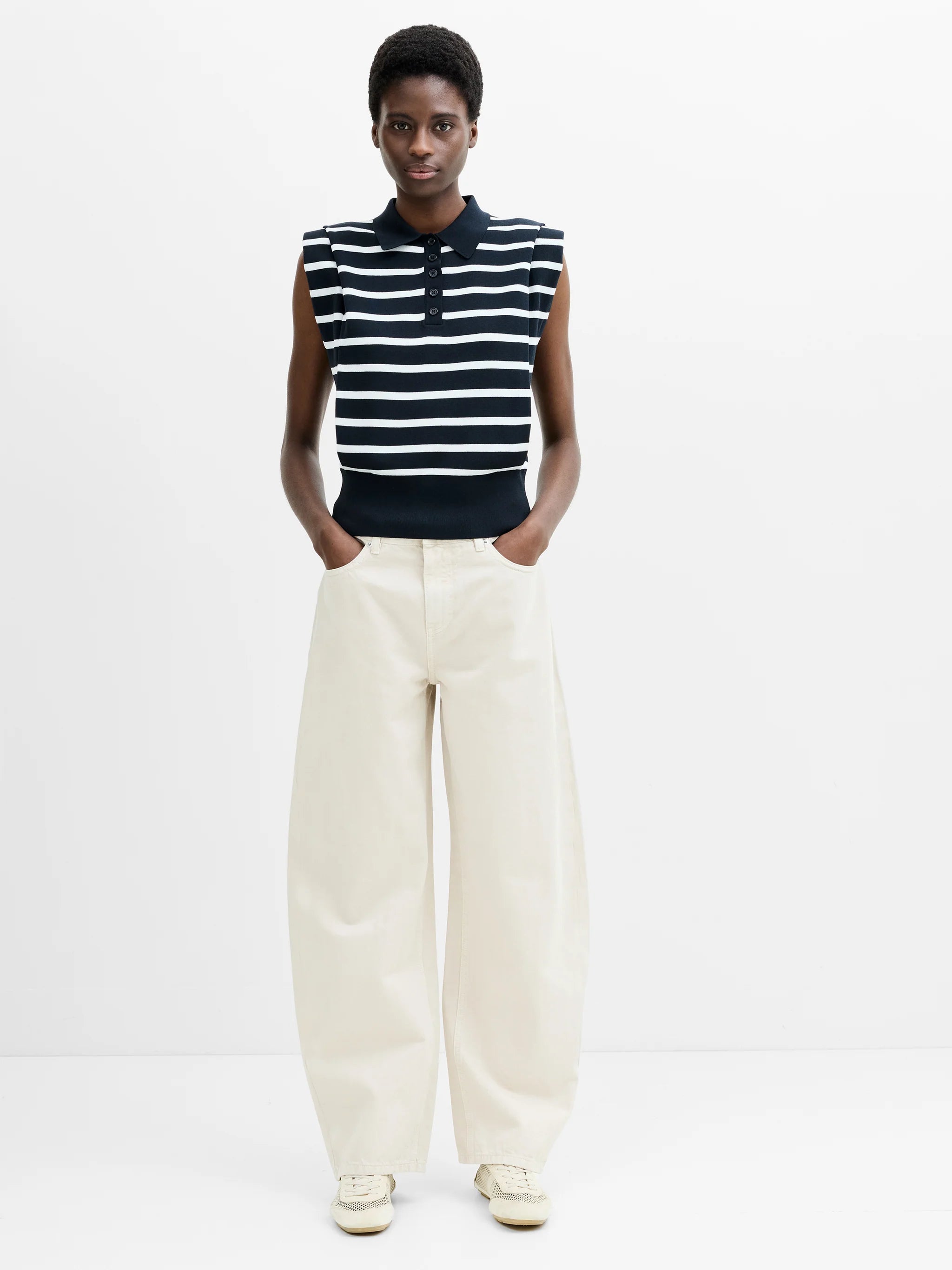 Kea Striped Collared Shoulder Pad Navy Blue Knit Vest