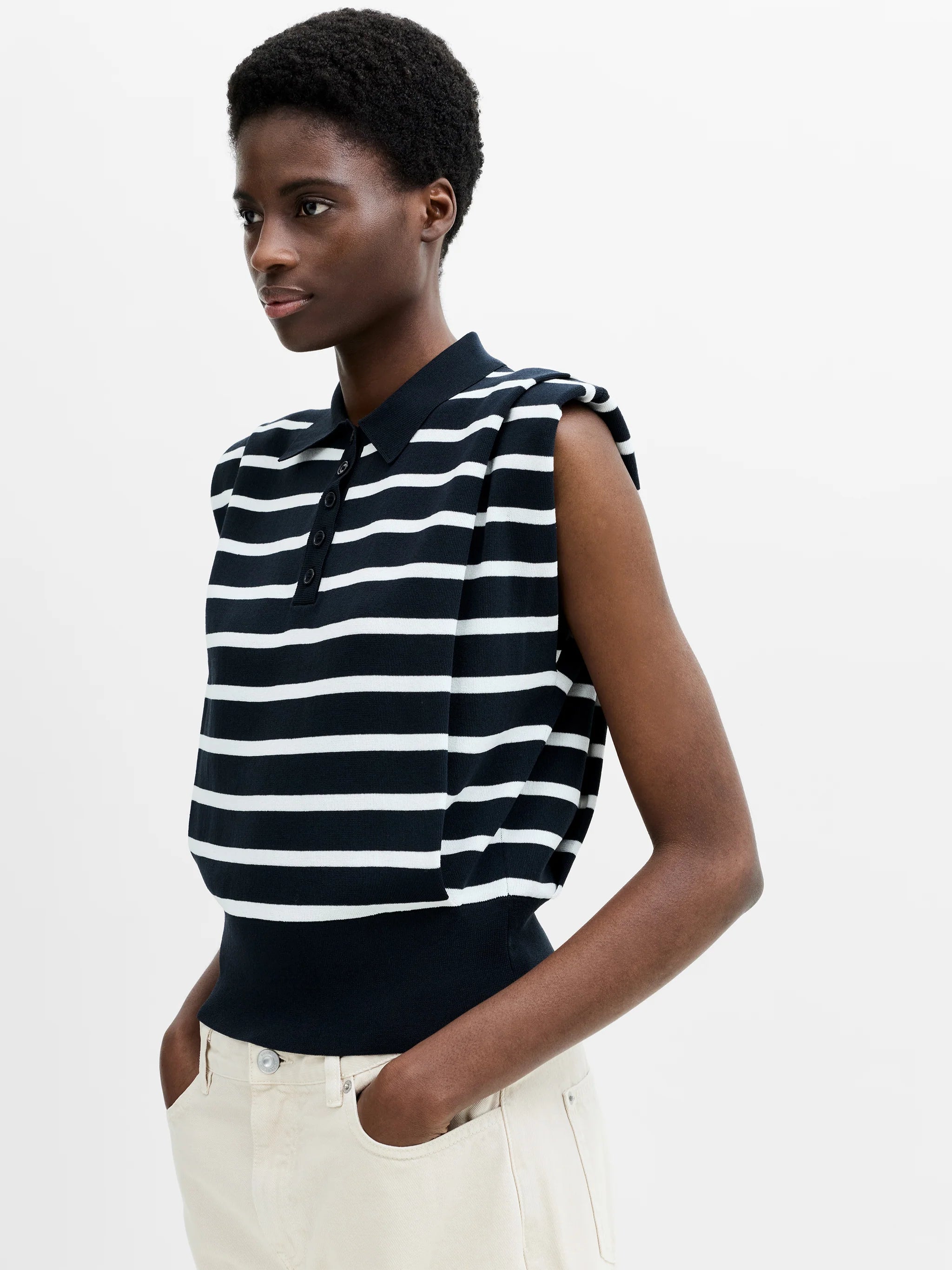 Kea Striped Collared Shoulder Pad Navy Blue Knit Vest
