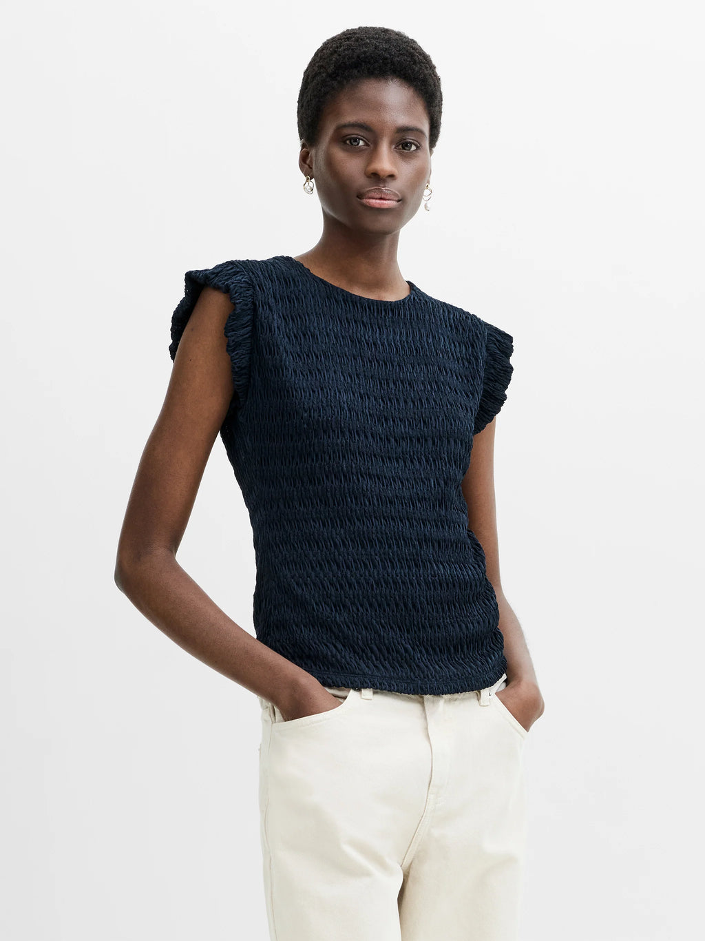 Zinnia Textured Frilled Cap Sleeve Navy Blue Top