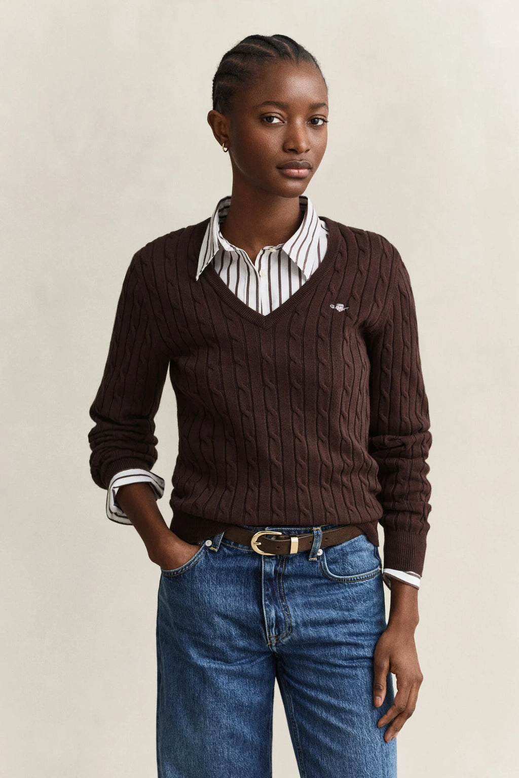 Stretch Cotton Cable Chocolate Knit V-Neck Sweater