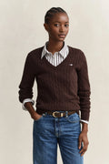 Stretch Cotton Cable Chocolate Knit V-Neck Sweater